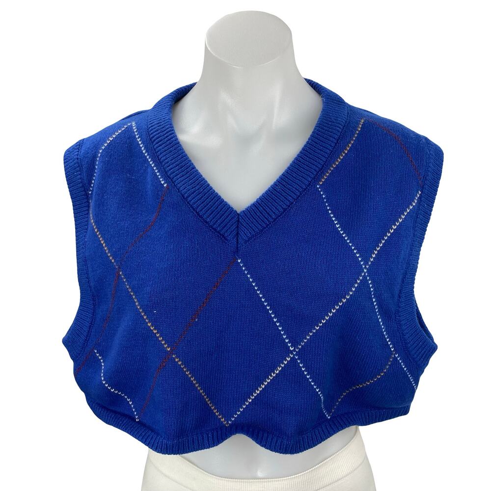 NEW Forever 21 Blue Argyle Knit Sleeveless V Neck Cropped Sweater Vest Top Sz S